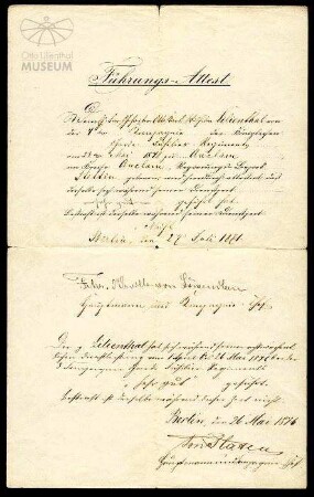 Militärisches Führungsattest für Otto Lilienthal