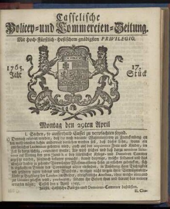 17. Stueck, Montag den 29ten April 1765