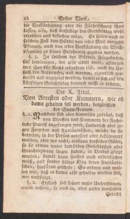 Der X. Titul. Von Arresten oder Kummern, wie es damit gehalten soll werden, desgleichen der Sequestration