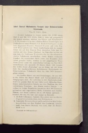Jakob Samuel Wyttenbachs Versuch einer Schweizerischen Volkskunde