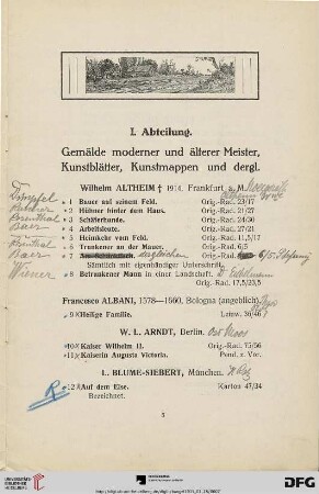 I. Abteilung: Gemälde moderner und älterer Meister, Kunstblätter, Kunstmappen und dergl. (Nr. 1 - 146)
