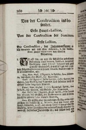 Von der Construction insbesonder./ Erste Haupt-Lection. Von der Construction der Nominum.
