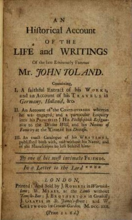Some account of the life and writings of John Toland