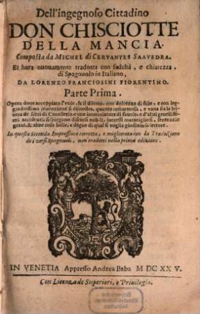 Dell'ingegnoso Cittadino Don Chisciotte Della Mancia, 1