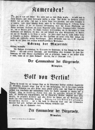 Kameraden! Die Zeit ist ernst und schwer! Volk von Berlin! Indem ich hiermit den am heutigen Tage [...] (Sammlung Friedlaender)