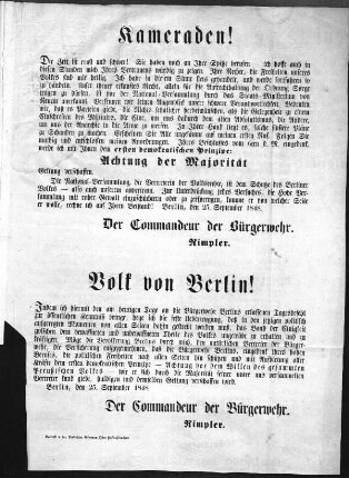 Kameraden! Die Zeit ist ernst und schwer! Volk von Berlin! Indem ich hiermit den am heutigen Tage [...] (Sammlung Friedlaender)