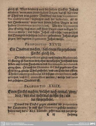 Propositio XXVII. Ein Quadrat machen/ daß einem fürgegebenen Circkel gleich sey.