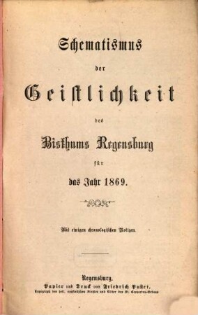 Schematismus des Bistums Regensburg. 1869