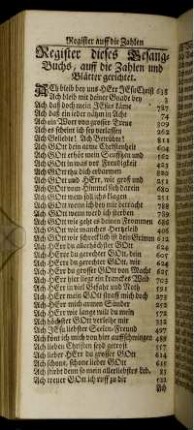 Register dieses Gesang-Buchs, auff die Zahlen und Blätter gerichtet.