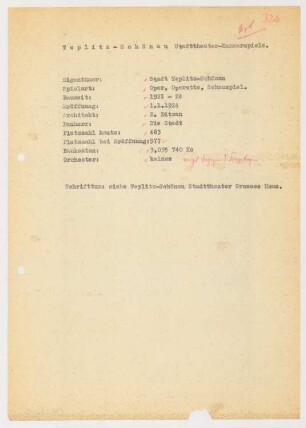 Stadttheater kleines Haus, Teplice: Schriftstück zum Fragebogen für das Handbuch »Das Deutsche Theater«