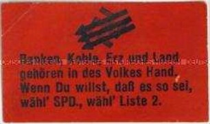 Handzettel der SPD mit der Forderung nach Verstaatlichung der Banken und der Bodenschätze