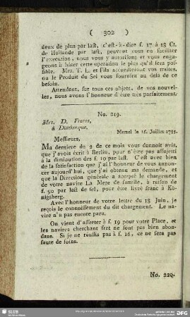 No. 219. Mrs. D. Freres à Dunkerque. Memel le 16. Juillet 1785