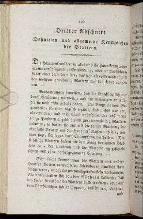 Dritter Abschnitt. Definition und allgemeine Kennzeichen der Blattern.