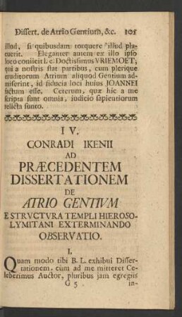 IV. Conradi Ikenii Ad Praecedentem Dissertationem De Atrio Gentium ...