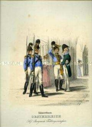 Uniformdarstellung, Gemeine und Offizier der Hofburgwache, Feldkriegskommissar, Kaiserreich Österreich, 1835. Tafel 178 aus: Eckert/Monten: Das deutsche Bundesheer.