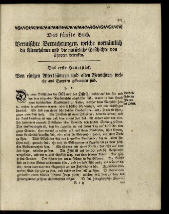 Das fünfte Buch. Vermischte Betrachtungen, welche vornämlich die Alterthümer und die natürliche Geschichte von Egypten betreffen