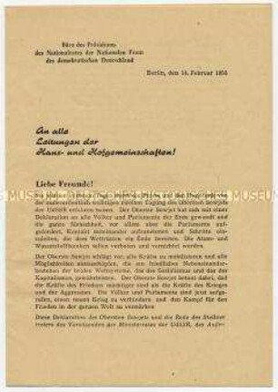 Aufruf der Nationalen Front an Haus- und Hofgemeinschafts-Leitungen zu Protestaktionen gegen die Pariser Verträge anhand der Deklaration des Obersten Sowjets der UdSSR