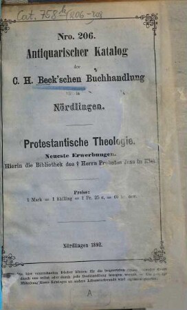 Antiquarischer Katalog der C. H. Beck'schen Buchhandlung in Nördlingen. 206. 1892