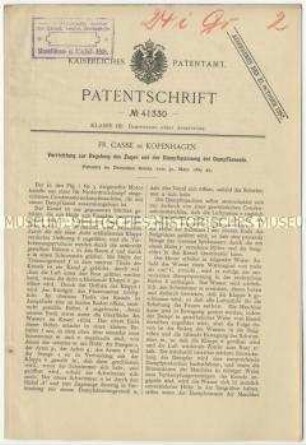 Patentschrift einer Vorrichtung zur Regelung des Zuges un der Dampfspannung bei Dampfkesseln, Patent-Nr. 41330