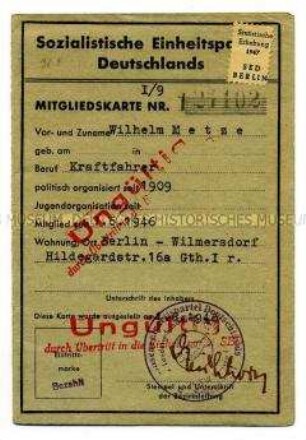 Mitgliedskarte SED von Wilhelm Metze