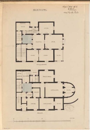 Villa, Gera Monatskonkurrenz April 1878: Grundriss Keller, Obergeschoss; Maßstabsleiste