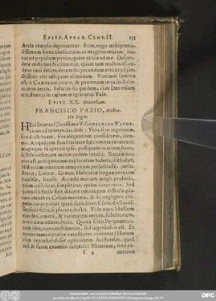 Epist. XX. Bruxellam. Francisco Pazio, Archiatro Regio.