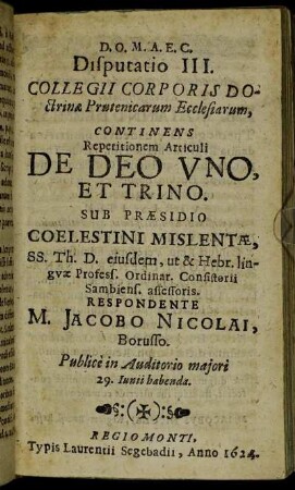 Disputatio III. De Deo Uno, Et Trino.