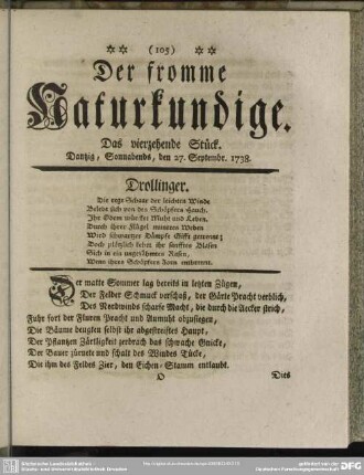 Der fromme Naturkundige. Das vierzehende Stück. Dantzig, Sonnabends den 27. Septembr. 1738