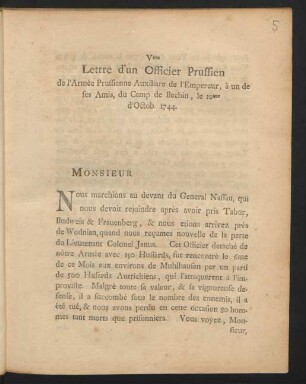 Vme Lettre d'un Officier Prussien de l'Armée Prussienne Auxiliare de l'Empereur, à un de ses Amis, du Camp de Bechin, le 10me d'Octob. 1744