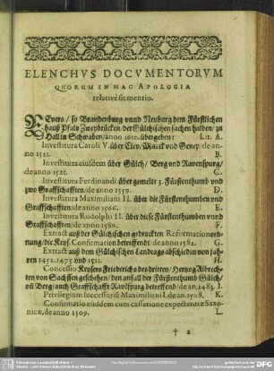 Elenchus Documentorum Quorum Hac Apologia relative firmentio