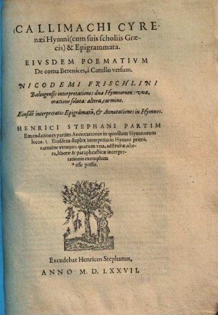 Callimachi Hymni (cum suis scholiis Graecis) et Epigramata