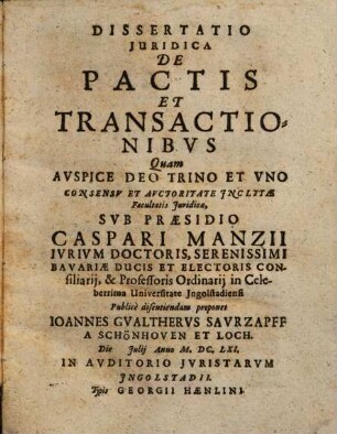 Dissertatio Iuridica De Pactis Et Transactionibus