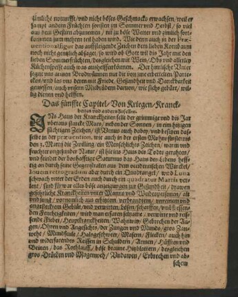 Das fünffte Capitel/ Von Kriegen/ Kranckheiten und andern Zufellen.