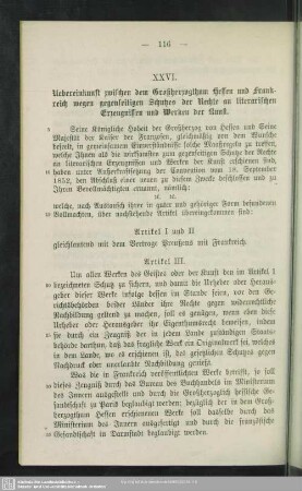 XXVI. Uebereinkunft zwischen dem Großherzogthum Hessen und Frankreich wegen gegenseitigen Schutzes der Rechte an literarischen Erzeugnissen und Werken der Kunst