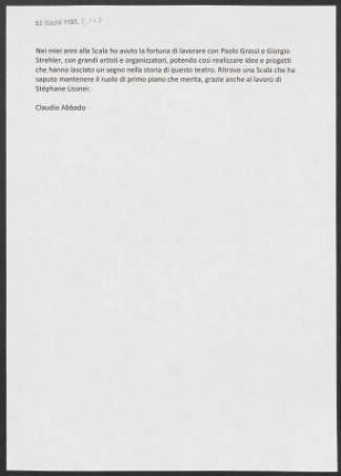 Kurze Bemerkung von Claudio Abbado über seine Zeit an der Mailänder Scala