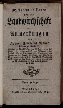 M. Terentius Varro von der Landwirthschaft