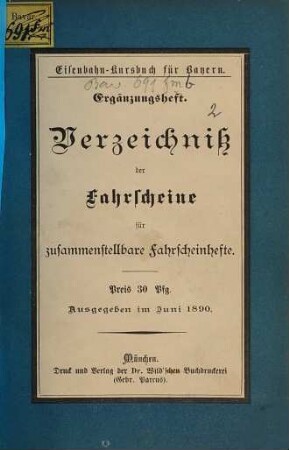 Verzeichniß der Fahrscheine für zusammenstellbare Fahrscheinhefte. 1890