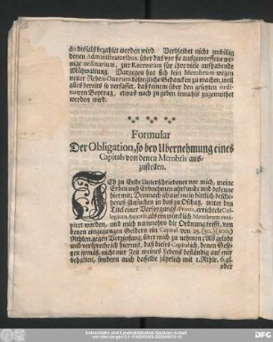 Formular Der Obligation, so bey der Ubernehmung eines Capitals von denen Membris auszustellen.