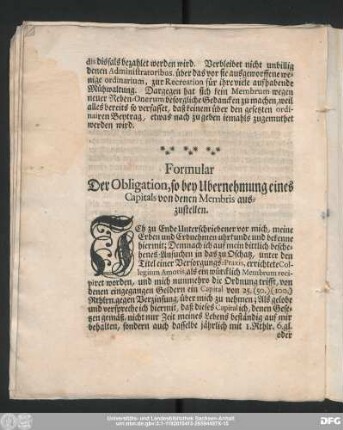 Formular Der Obligation, so bey der Ubernehmung eines Capitals von denen Membris auszustellen.