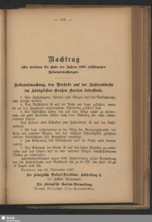 Nachtrag aller weiteren bis Ende des Jahres 1900 erschienenen Bekanntmachungen