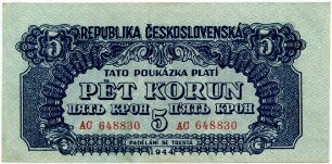 Geldschein, 5 Koruna, 1944