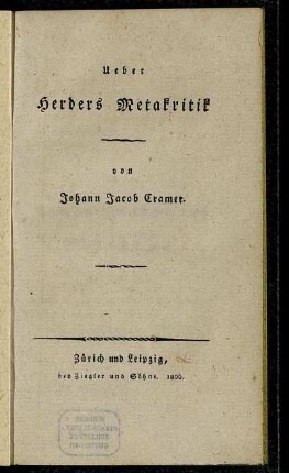 Ueber Herders Metakritik