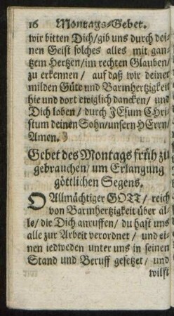 Gebet des Montags früh zu gebrauchen/ um Erlangung göttlichen Segens.