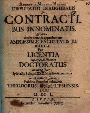 Disp. inaug. de contractibus innominatis