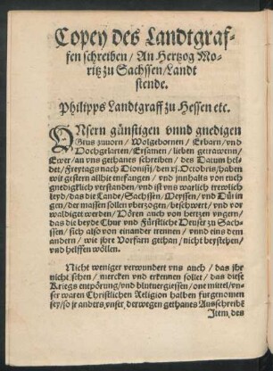 Copey des Landtgraffen schreiben/ An Hertzog Moritz zu Sachssen/ Landt stende.