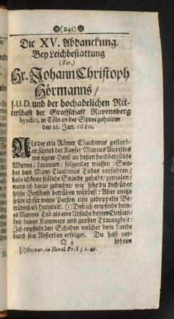 Die XV. Abdanckung. Bey Leichbestattung Hr. Johann Christoph Hörmanns ...