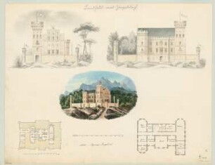 Landhaus mit Ziegeldach Monatskonkurrenz Dezember 1843: Grundriss Erdgeschoss, Obergeschoss, Aufriss Vorderansicht, Seitenansicht, perspektivische Ansicht; 2 Maßstabsleisten