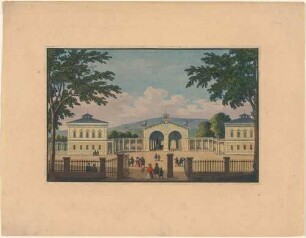 Die Kopfbauten des ersten Leipziger Bahnhofes an der Leipziger Straße in Dresden-Neustadt (1839 eingeweiht) vom Vorplatz nach Norden