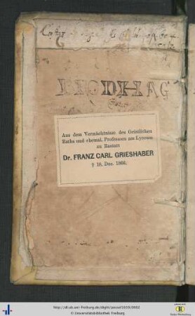 Spiegel mit eingeklebtem Exlibris (Franz Karl Grieshaber) & Federproben.