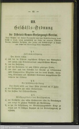 III. Geschäfts-Ordnung für die Districts-Armen-Versorgungs-Vereine